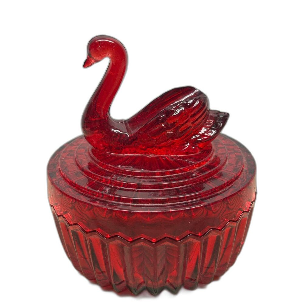 Vtg Jeannette Glass Amberina Red Swan Candy Dish & Cover New-sealed